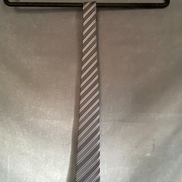 Black 100% Silk Maroon Blue & White Diagonal Stripes Jacquard Tie - Picture 4 of 9